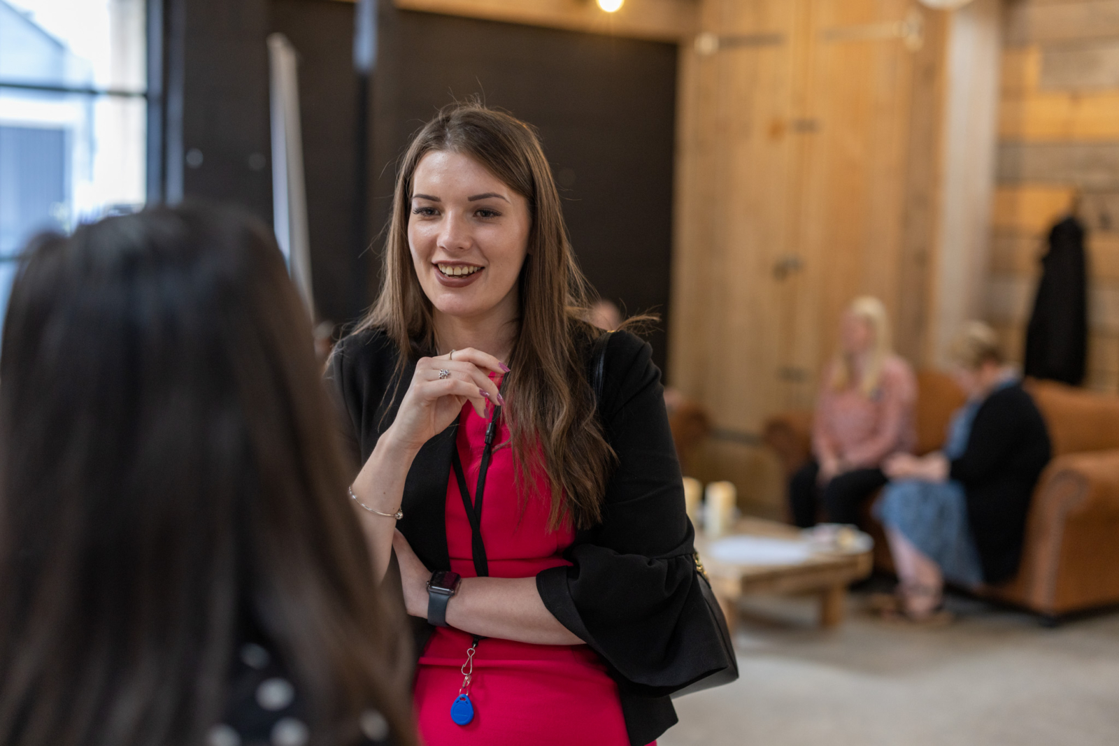 a woman chatting to a client